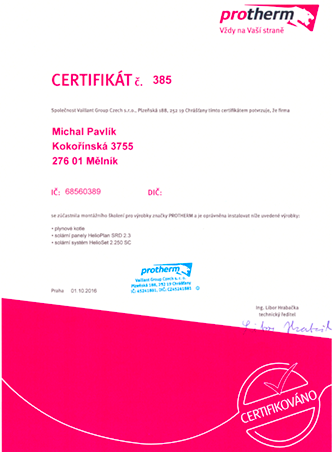 Michal Pavlík - Certifikat Protherm